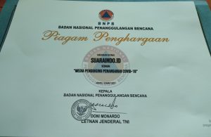 Dukung Penanganan Covid-19, Suaraindo.id Terima Penghargaan dari BNPB