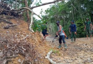 Satgas TMMD Ke 110 Bersihkan Pohon Yang Halangi Badan Jalan